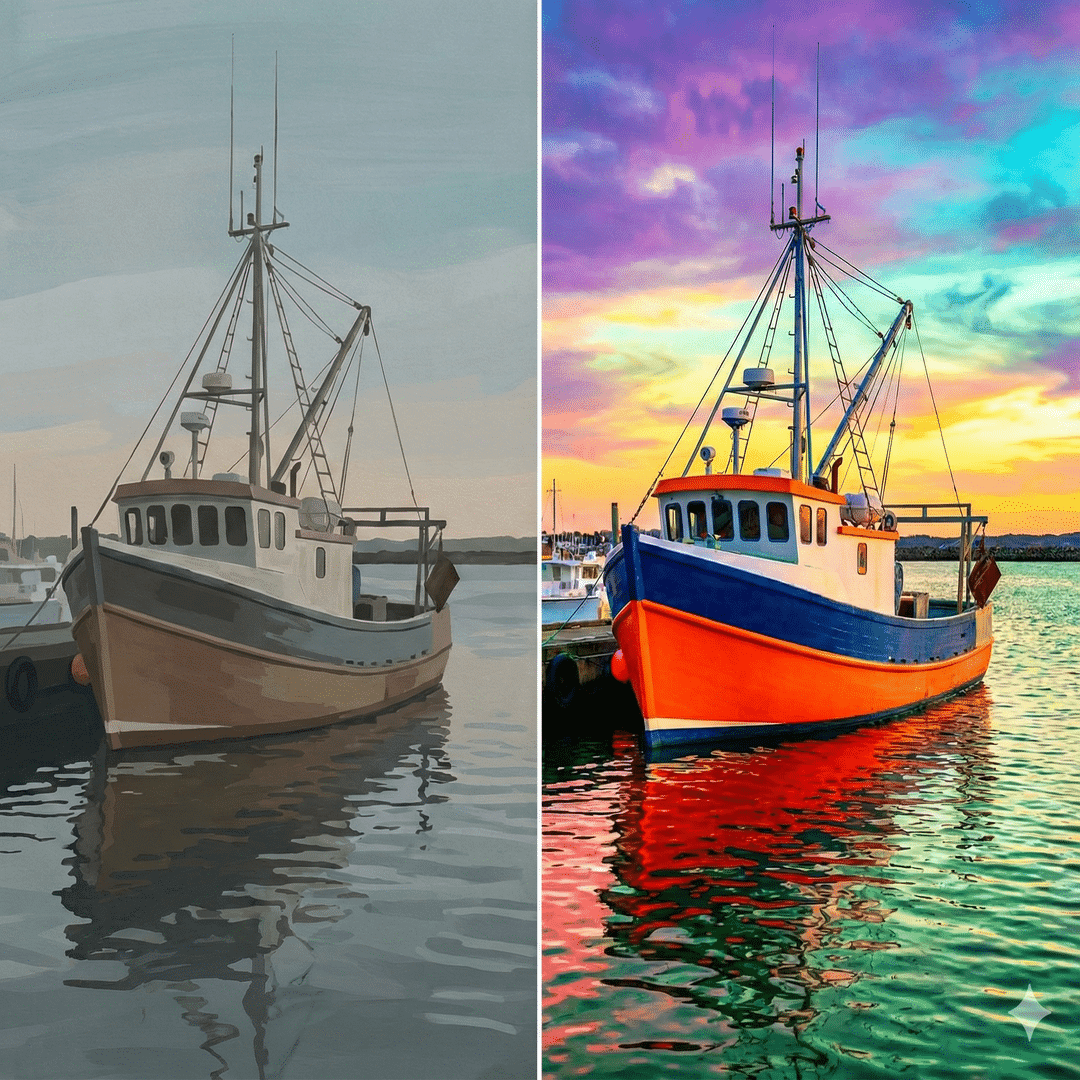 Boat showing flat vs vibrant color selection — how basic color theory creates vibrant results