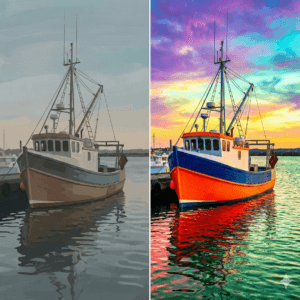 Boat showing Flat vs Vibrant Color Selection and how basic Color Theory helped create this vibrant set of color patterns