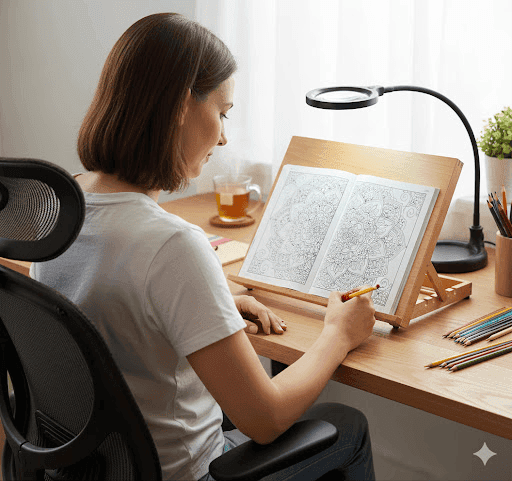 Comfortable adult coloring workspace with proper lighting and ergonomic setup