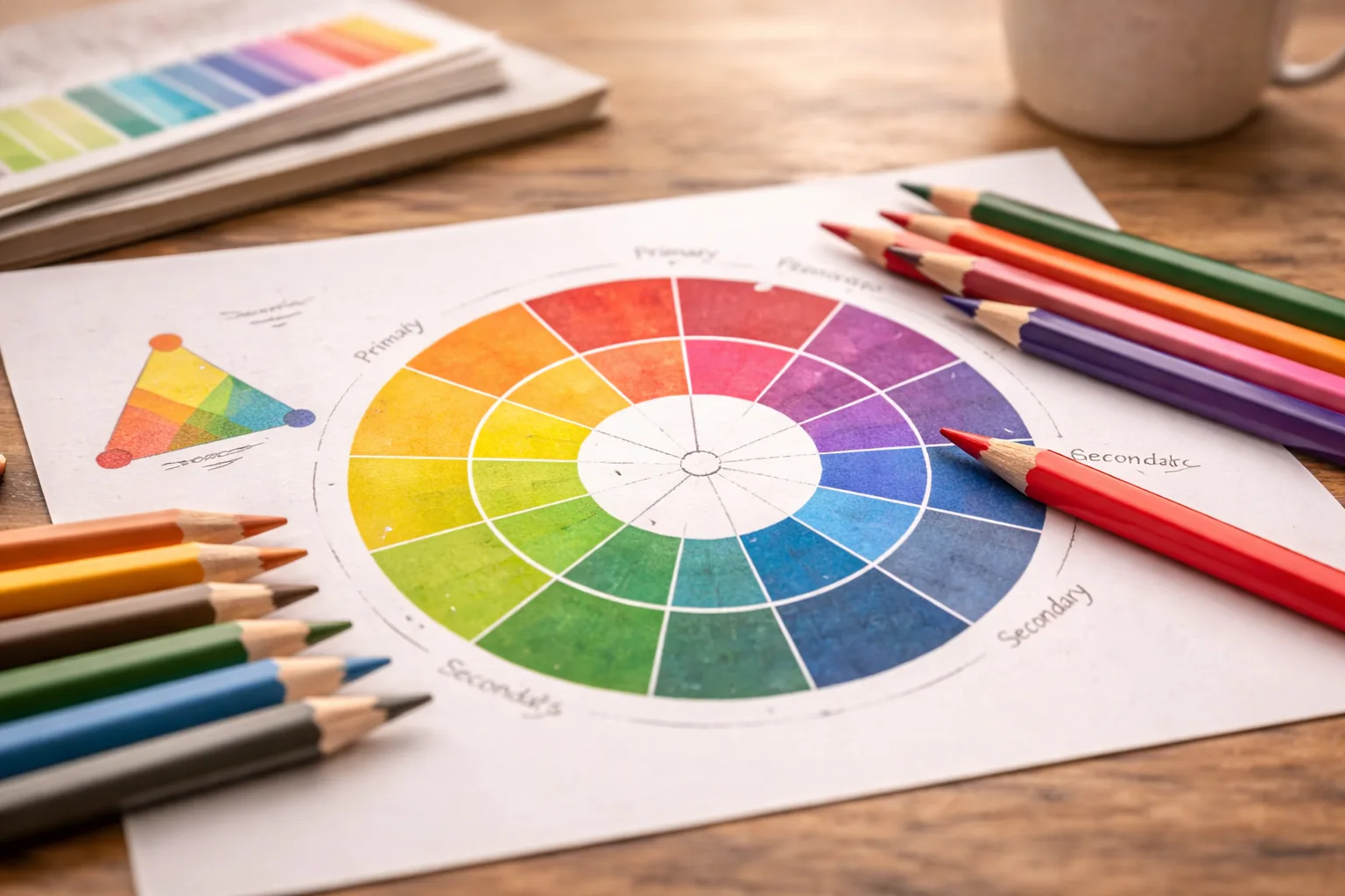 Color theory setup with color wheel and colored pencils