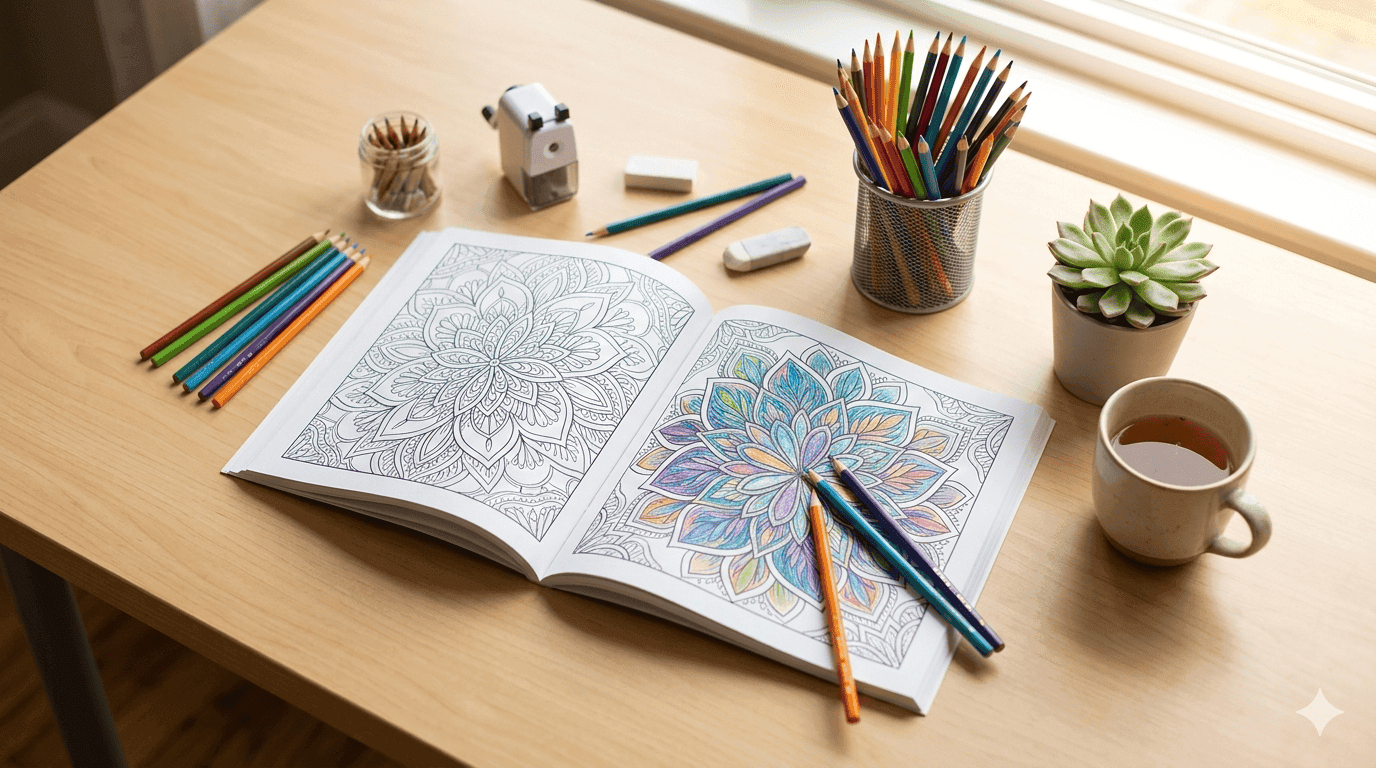 Beginner adult coloring setup with a simple mandala coloring book, colored pencils, and a sharpener