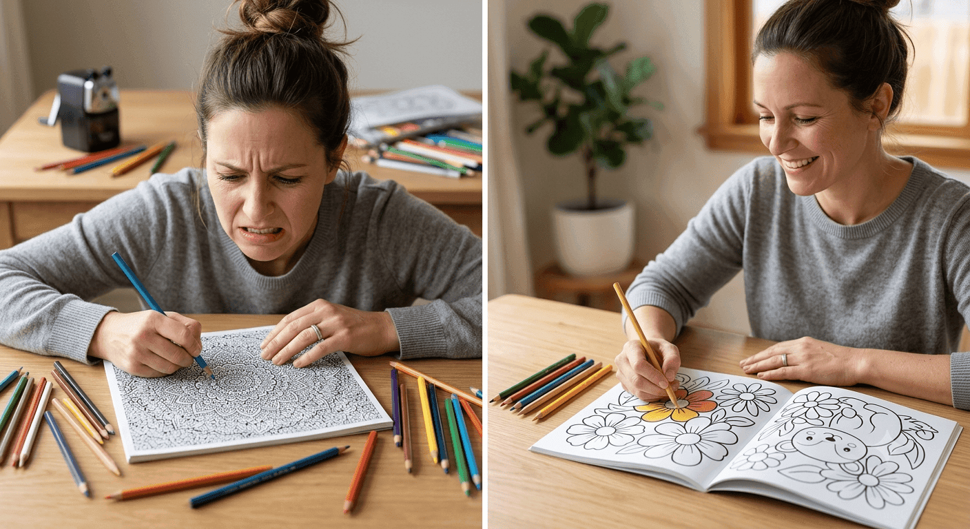 Side by side: tense colorist with complex page vs same person relaxed with simpler design — managing coloring burnout
