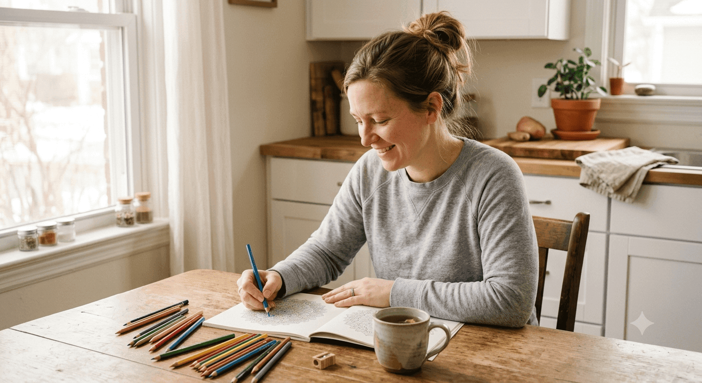 Adult woman coloring for anxiety relief and stress reduction — adult coloring for mindfulness