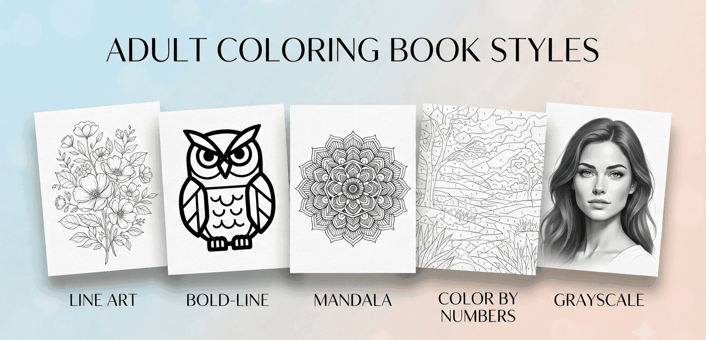 Five adult coloring book styles compared &mdash; grayscale, mandala, color-by-number, line art, and bold-line pages