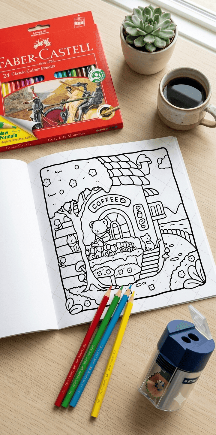 Flat lay of a beginner coloring book, colored pencils, and a sharpener — the three essentials for starting adult coloring