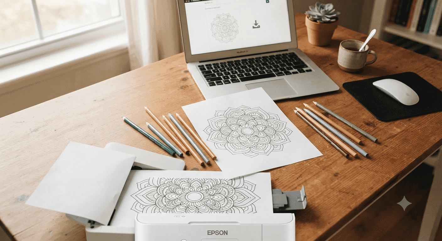 Free printable adult coloring page next to colored pencils