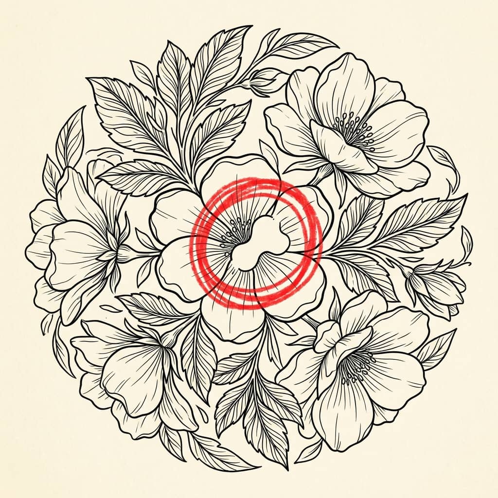 AI-generated coloring book page with a red circle around a malformed flower centre