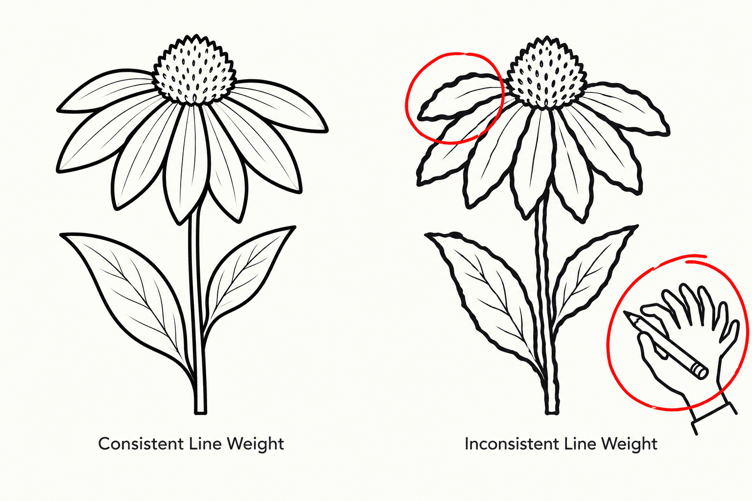Diagram comparing consistent hand-illustrated line weight against inconsistent AI-generated line weight and a hand-anatomy error