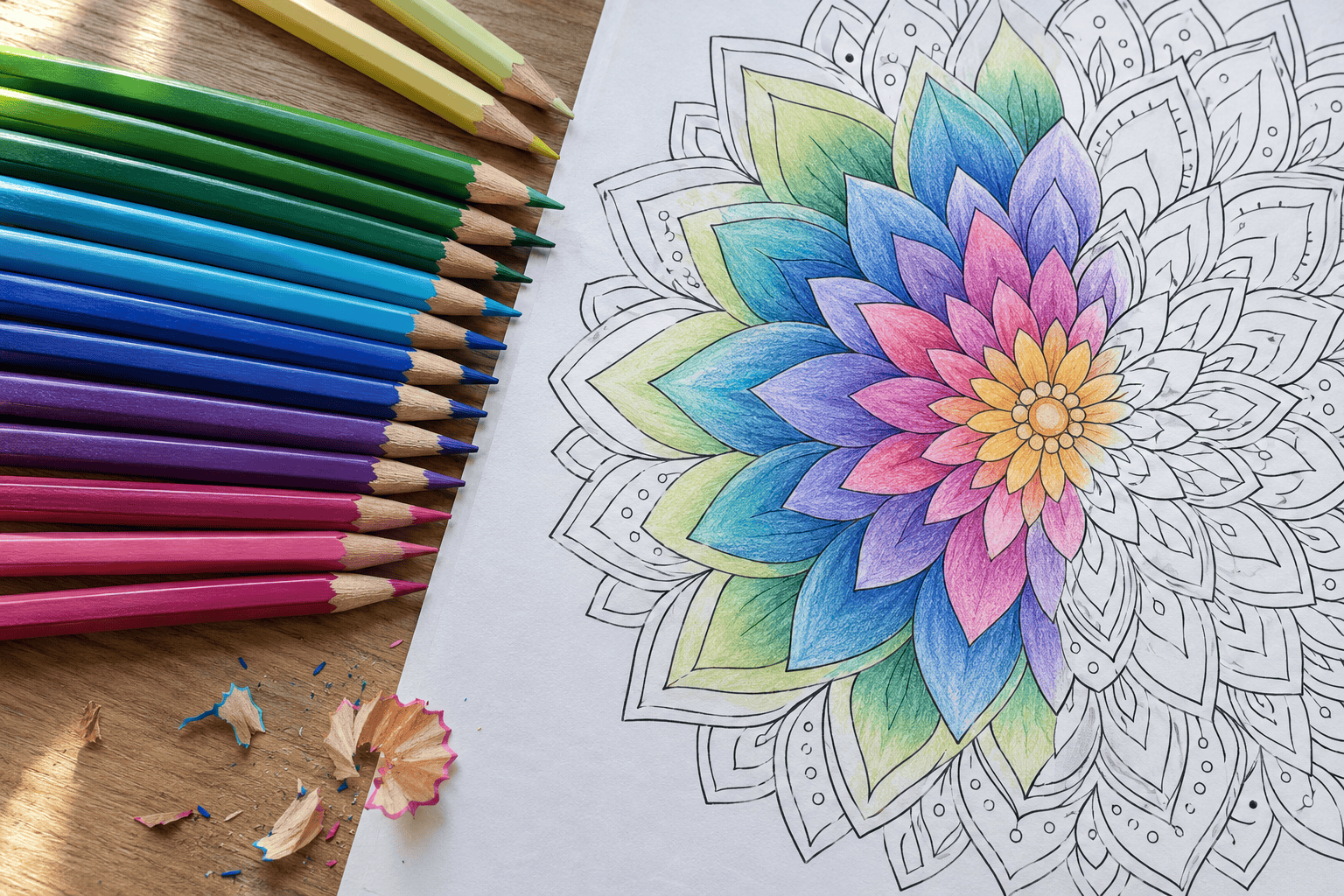 Colored pencils fanned out over a half-colored mandala page, with sharpened tips and a few wood shavings on the desk