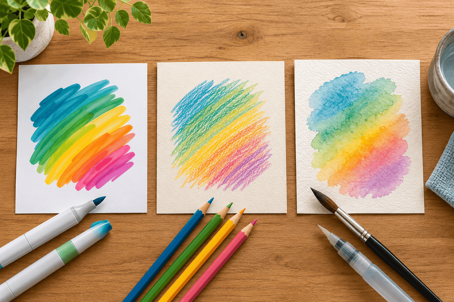 Three paper samples side by side: smooth marker paper with marker swirls, toothy paper with layered colored pencil strokes, and thick watercolor paper with a soft pencil wash