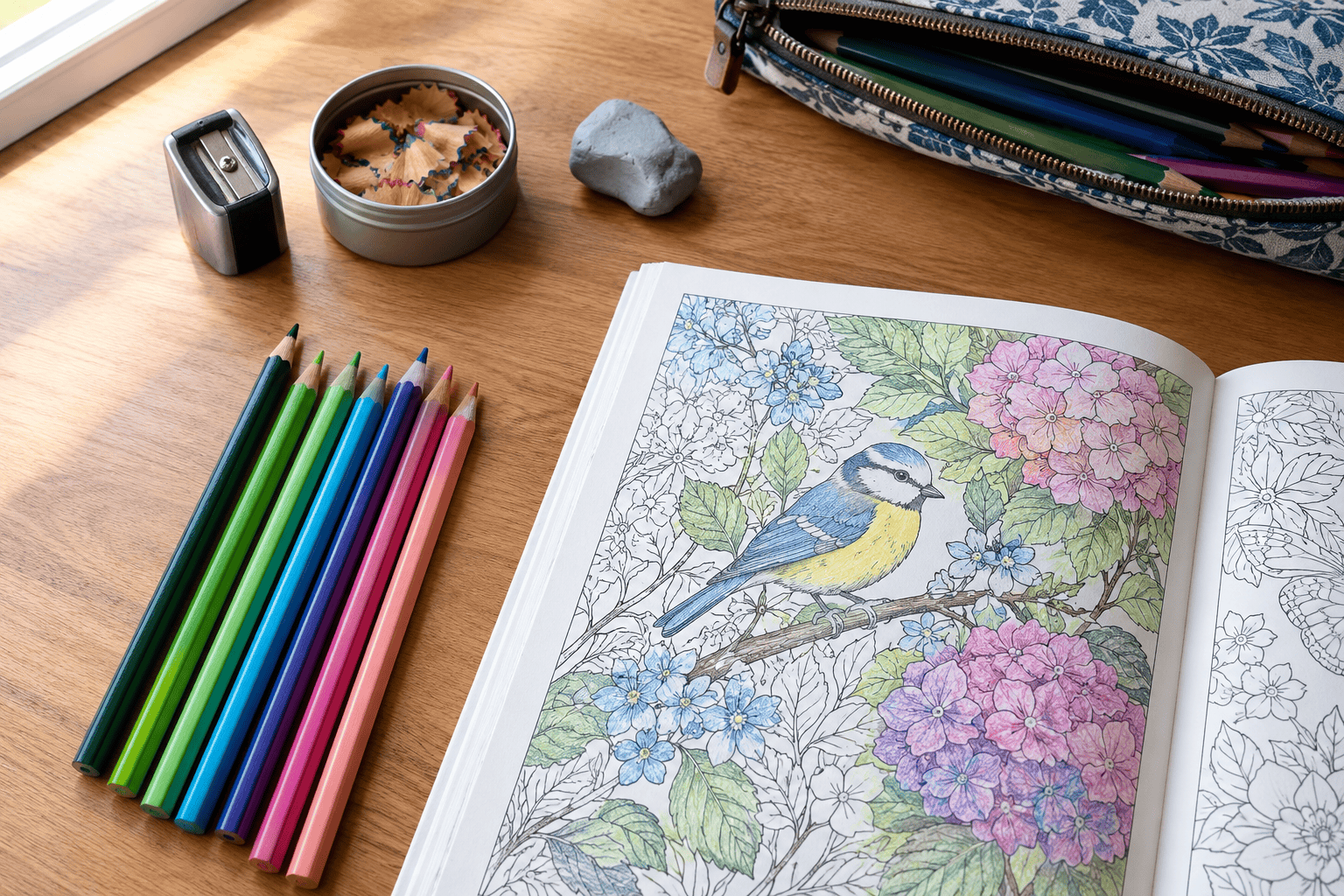 Desk with a pencil sharpener, a tin of pencil shavings, an eraser and a patterned pencil case beside an open coloring book with a bluebird page and colored pencils