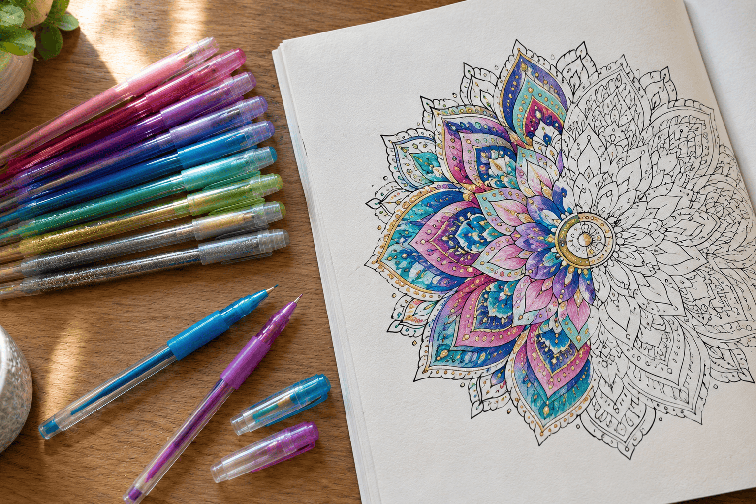 Gel pens in assorted colors beside a half-colored mandala coloring page