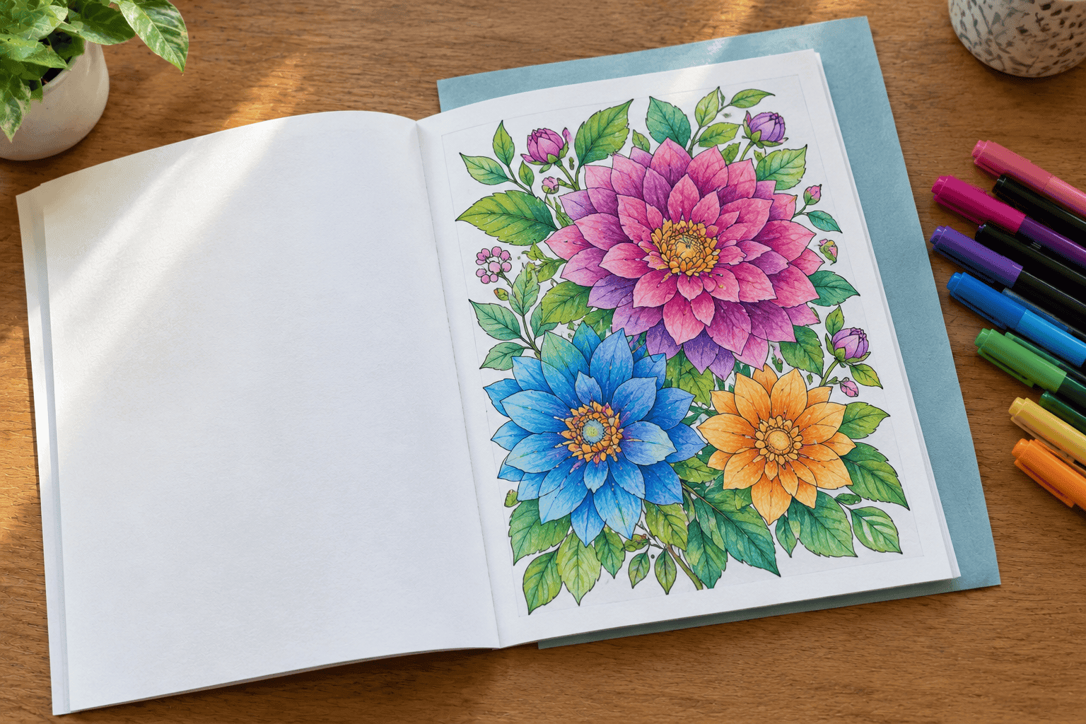 Open coloring book showing a colored page and a blank back page, with markers beside it and a backing sheet behind the page