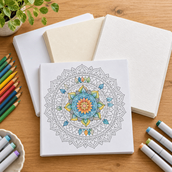 Paper for adult coloring: a colored mandala page on a paper stack beside cream and textured sheets, with pencils and markers
