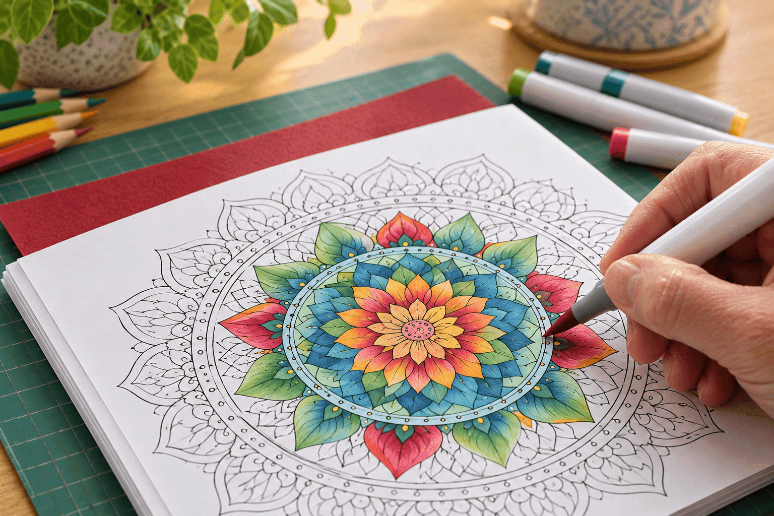 Hand coloring a mandala page with a marker, with a red backing sheet and a green cutting mat under the book