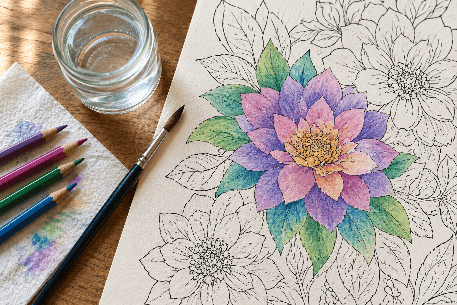 Coloring page with a flower colored in watercolor pencils and blended with a wet brush, beside a jar of water
